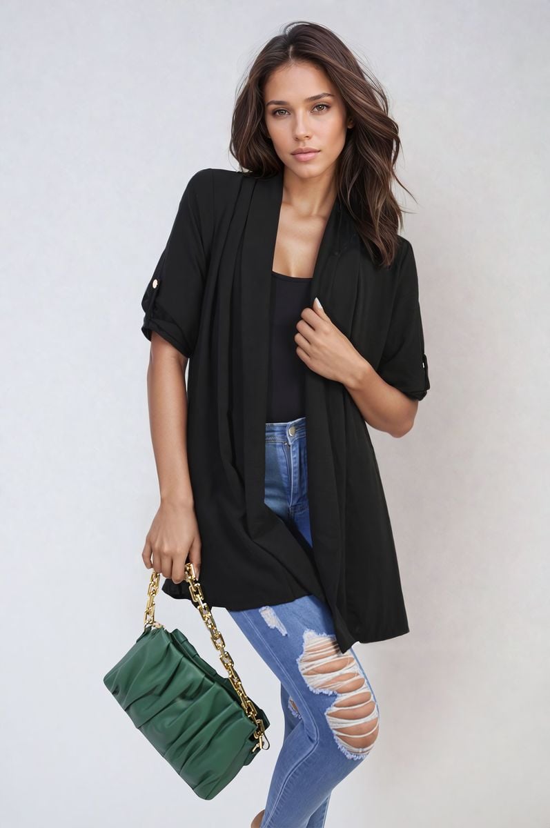 Black open-front cardigan with short sleeves, draped front, and side pockets