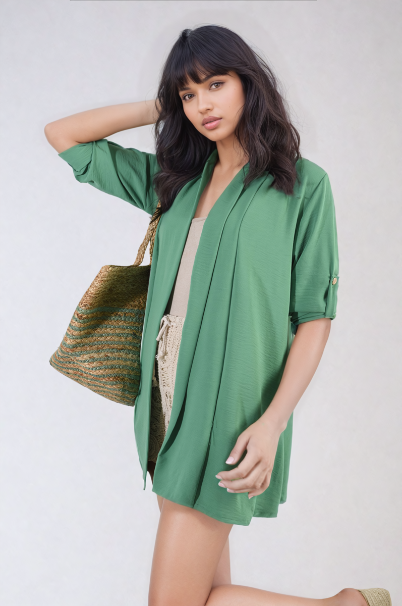 Green open-front cardigan with roll-up sleeves and button cuff detail