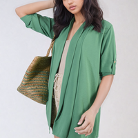 Green open-front cardigan with roll-up sleeves and button cuff detail