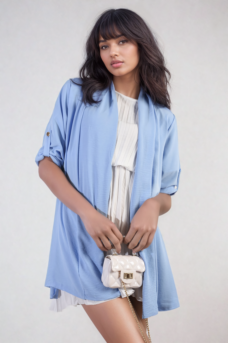 Light blue open-front cardigan with rolled sleeves and button cuff detail