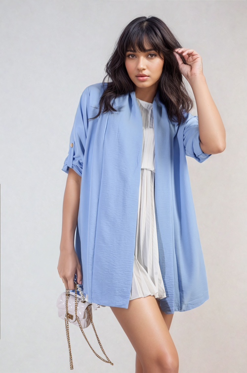Powder blue open-front cardigan with rolled short sleeves and draped front