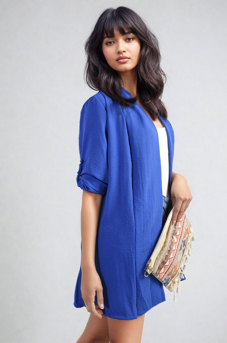 Blue open-front cardigan with rolled sleeves and side button cuff detail