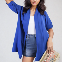 Royal blue open-front cardigan with rolled sleeves and soft draped front