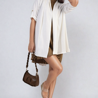 Open-front white cardigan with draped front and short roll-up sleeves