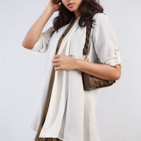 Light white open-front cardigan with rolled sleeves and soft draped design