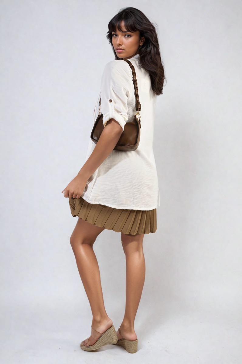 White open-front cardigan with cuffed rolled sleeves and side ruching detail
