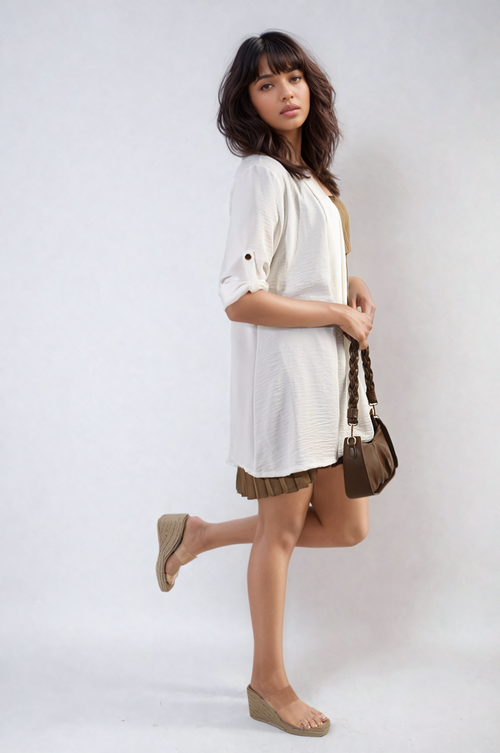 White open-front cardigan with roll-up sleeves and button detail at cuff