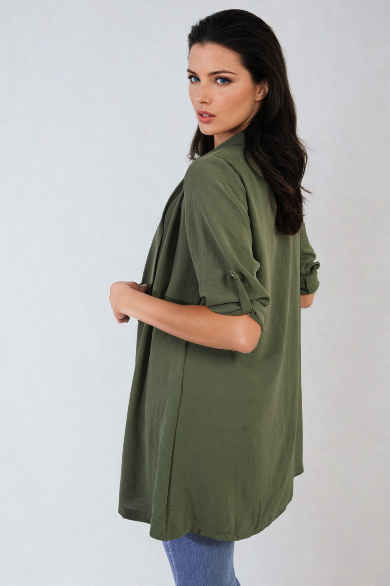 Open-front olive green cardigan with elbow-length rolled sleeves and side pockets