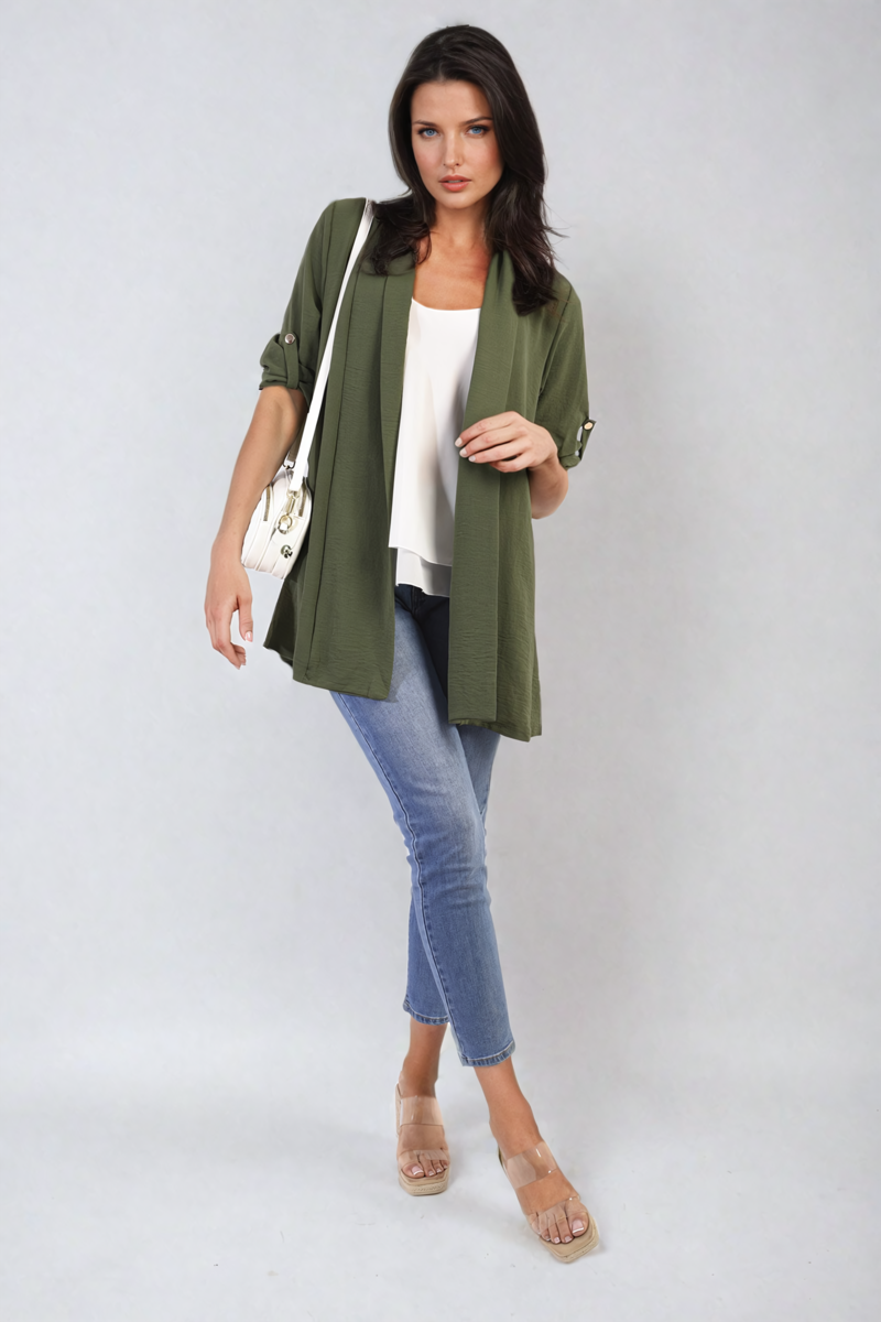 Draped olive green open-front cardigan with rolled sleeves and relaxed silhouette