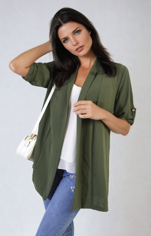 Olive green open-front cardigan with roll-up sleeves, side drape