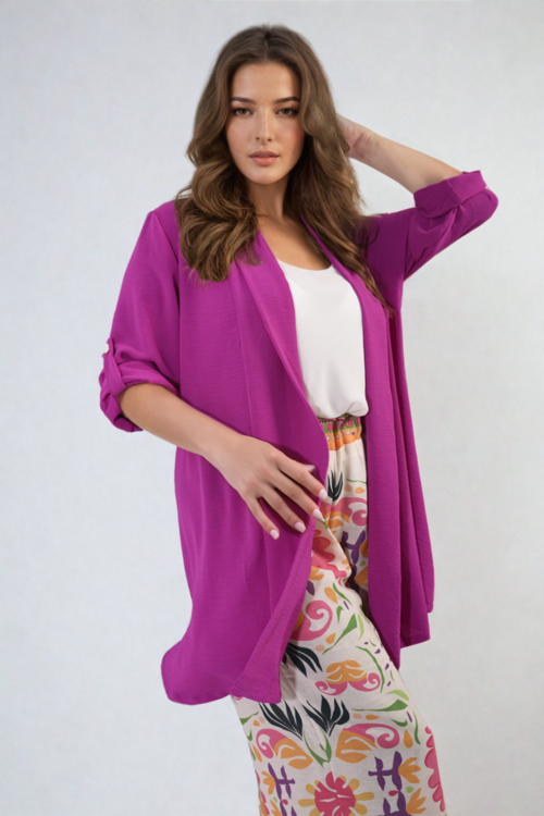 Magenta open-front cardigan with rolled short sleeves and side button detail