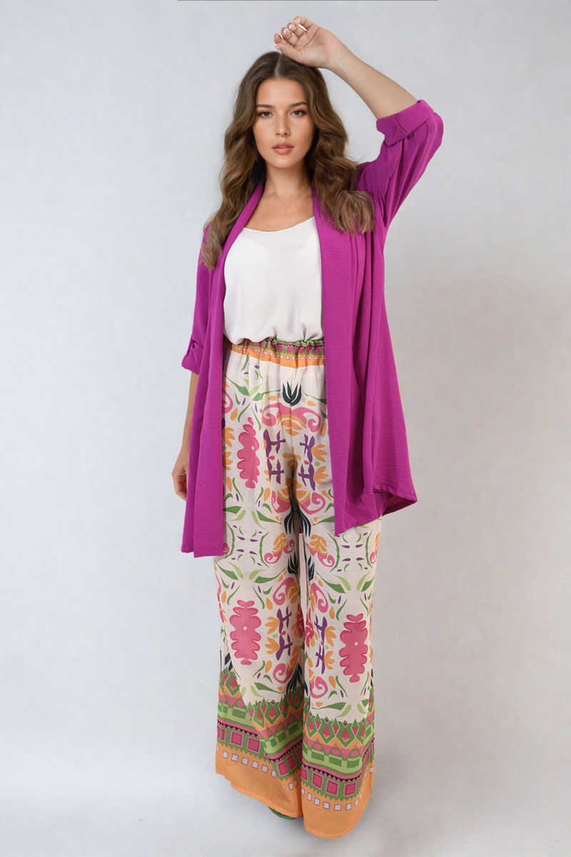 Magenta open-front cardigan with three-quarter sleeves and relaxed fit