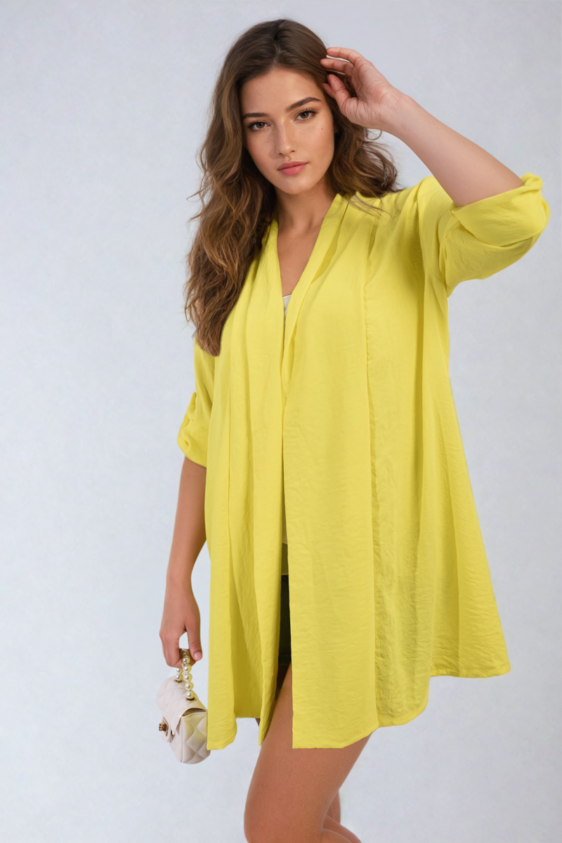 Yellow open-front cardigan with roll-up sleeves and relaxed, draped hem