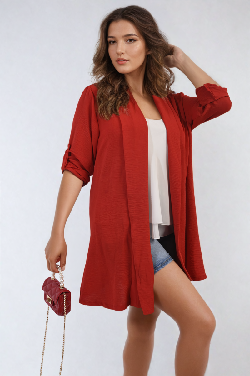 Red open-front cardigan with three-quarter sleeves, side pockets, loose fit