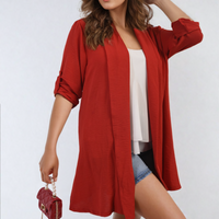 Red open-front cardigan with three-quarter sleeves, side pockets, loose fit
