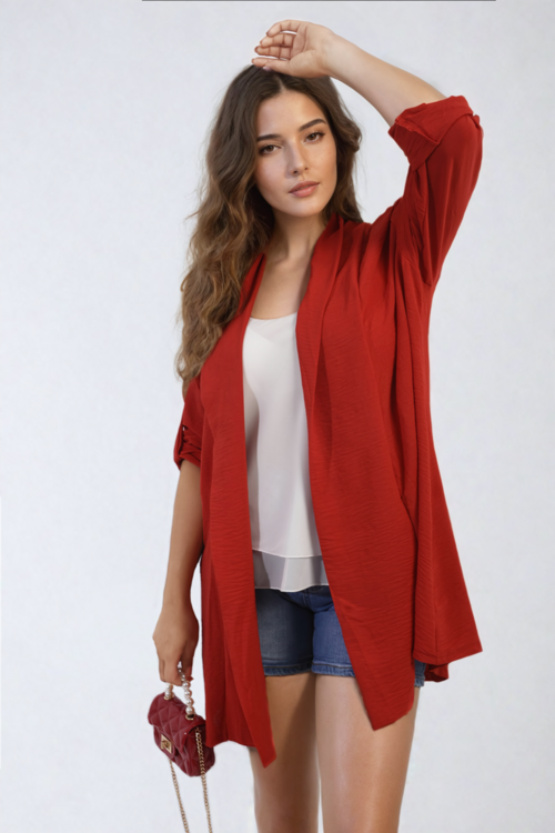 Red open-front cardigan with rolled sleeves and long draped hem