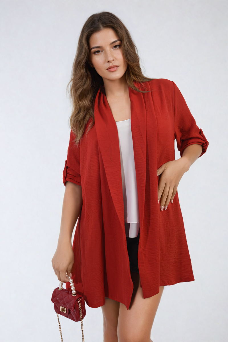 Red open-front cardigan with rolled sleeves and loose draped front panel