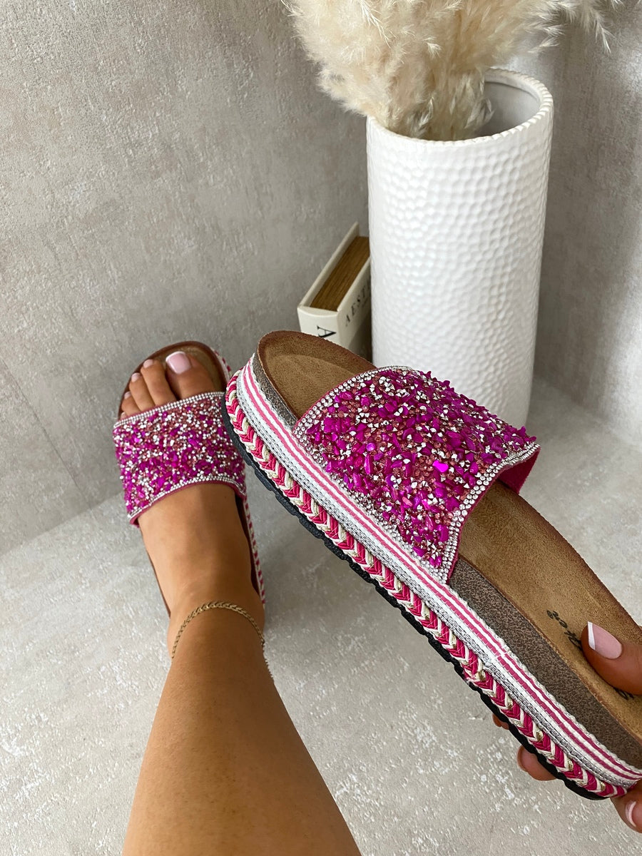 Fuchsia stone-embellished platform slide sandals with braided trim, open toe