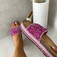 Fuchsia stone-embellished platform slide sandals with braided trim, open toe