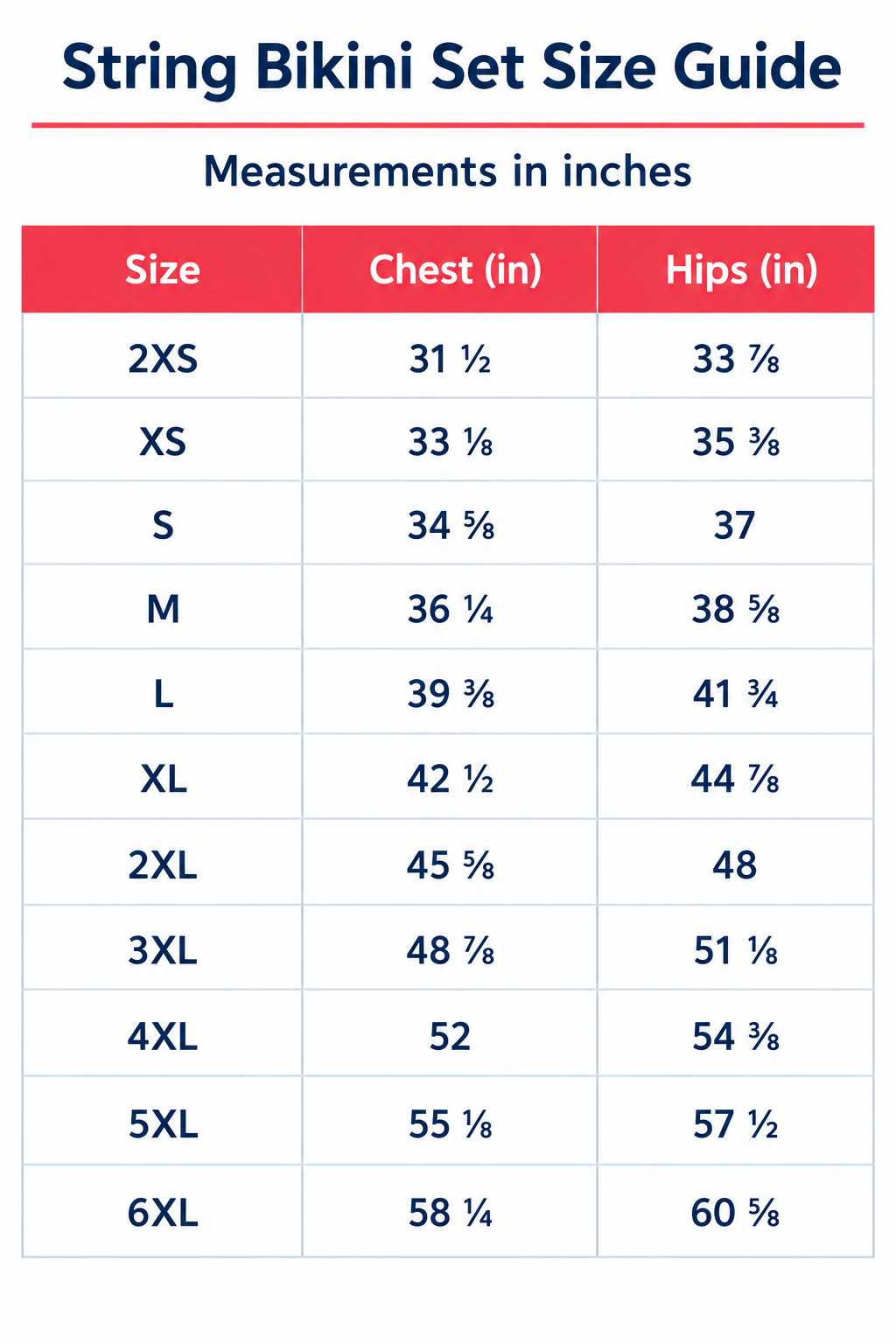 String bikini set size guide chart with chest and hips measurements in inches