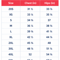 String bikini set size guide chart with chest and hips measurements in inches