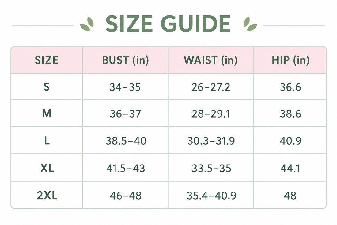 Swim set size guide chart with bust, waist, and hip measurements by size