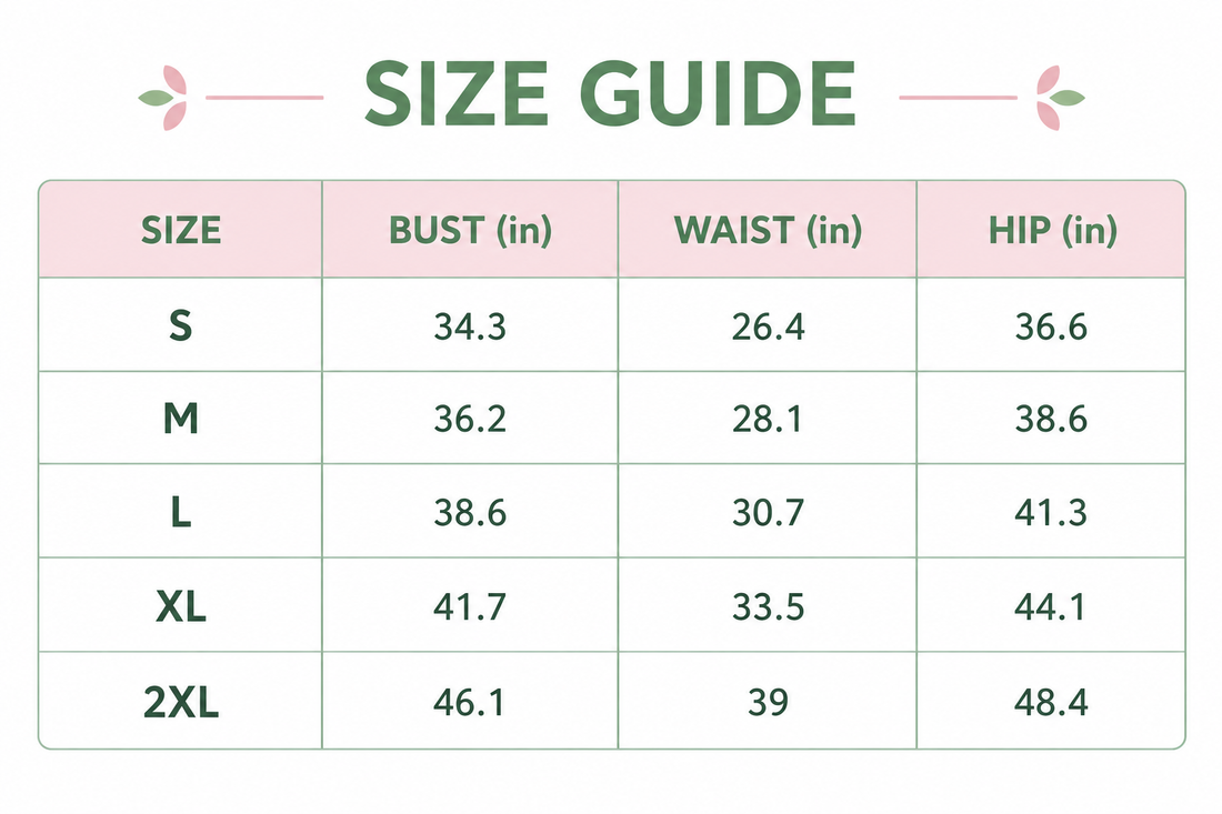 Size guide chart with bust, waist, and hip measurements by clothing size