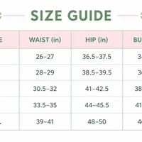 Swim dress size guide table with waist, hip, and bust measurements