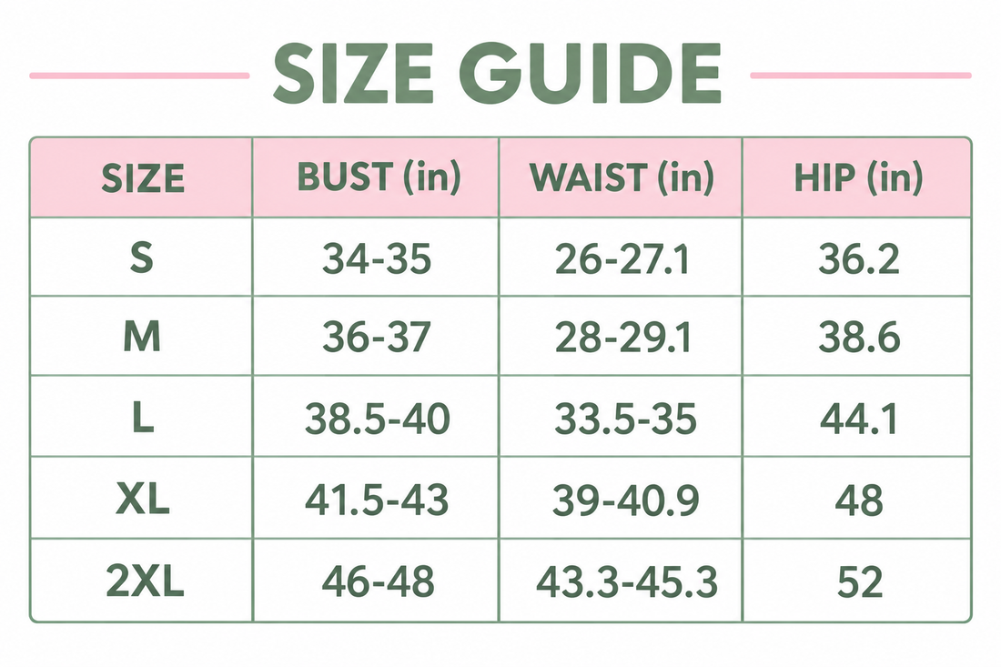 Two-piece swim set size chart with bust, waist, and hip measurements for S–2XL
