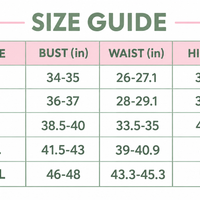 Two-piece swim set size chart with bust, waist, and hip measurements for S–2XL