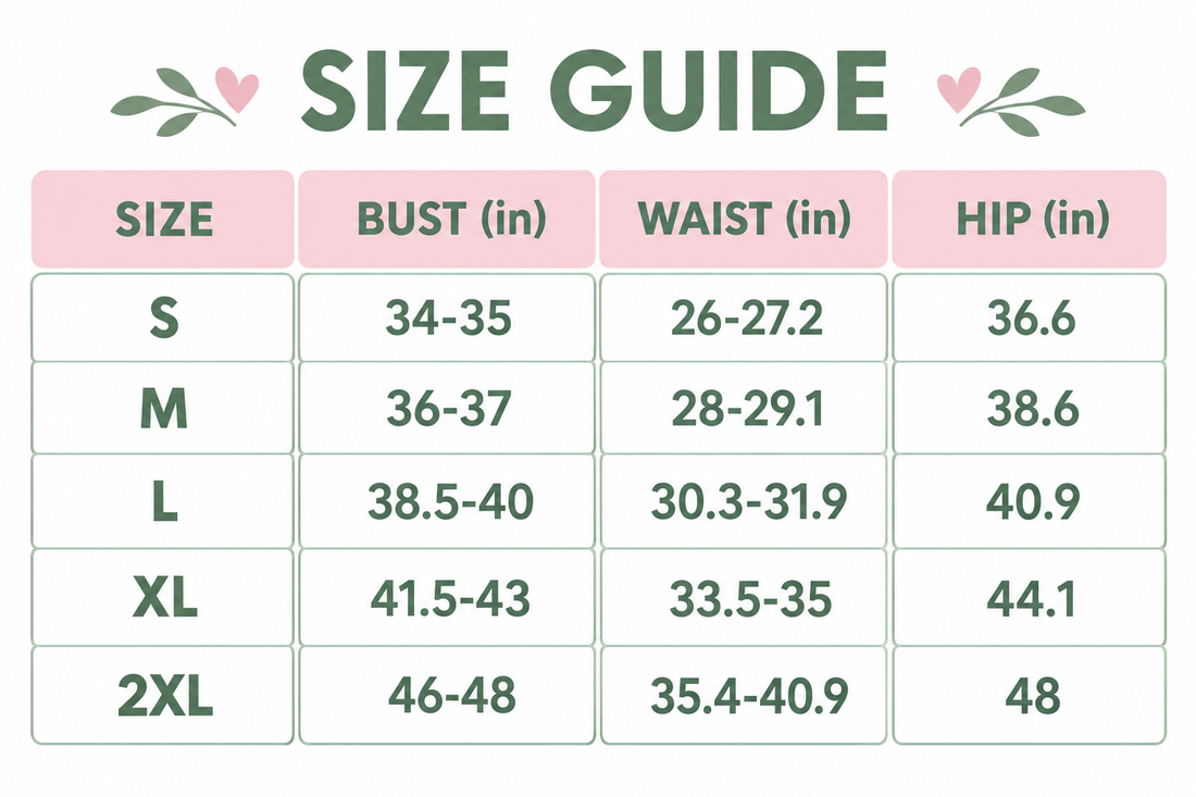Bikini set size guide chart with bust, waist, and hip measurement table