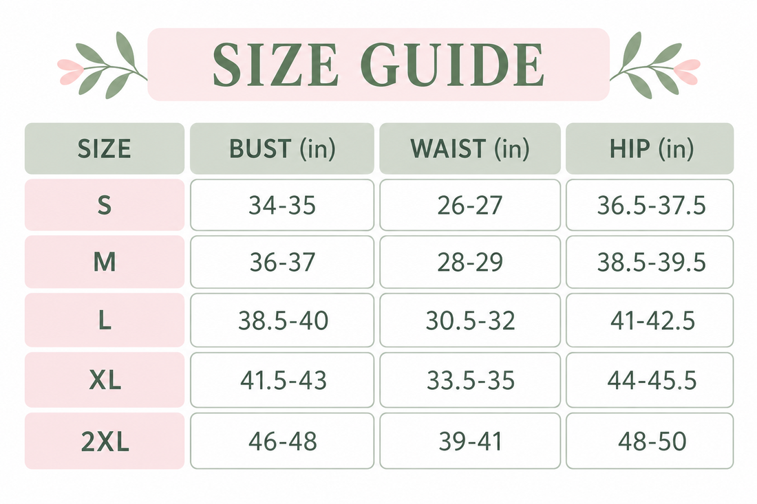 Swimsuit size guide chart with bust, waist, and hip measurements