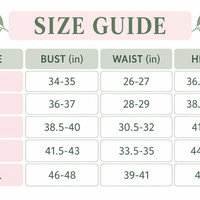 Swimsuit size guide chart with bust, waist, and hip measurements