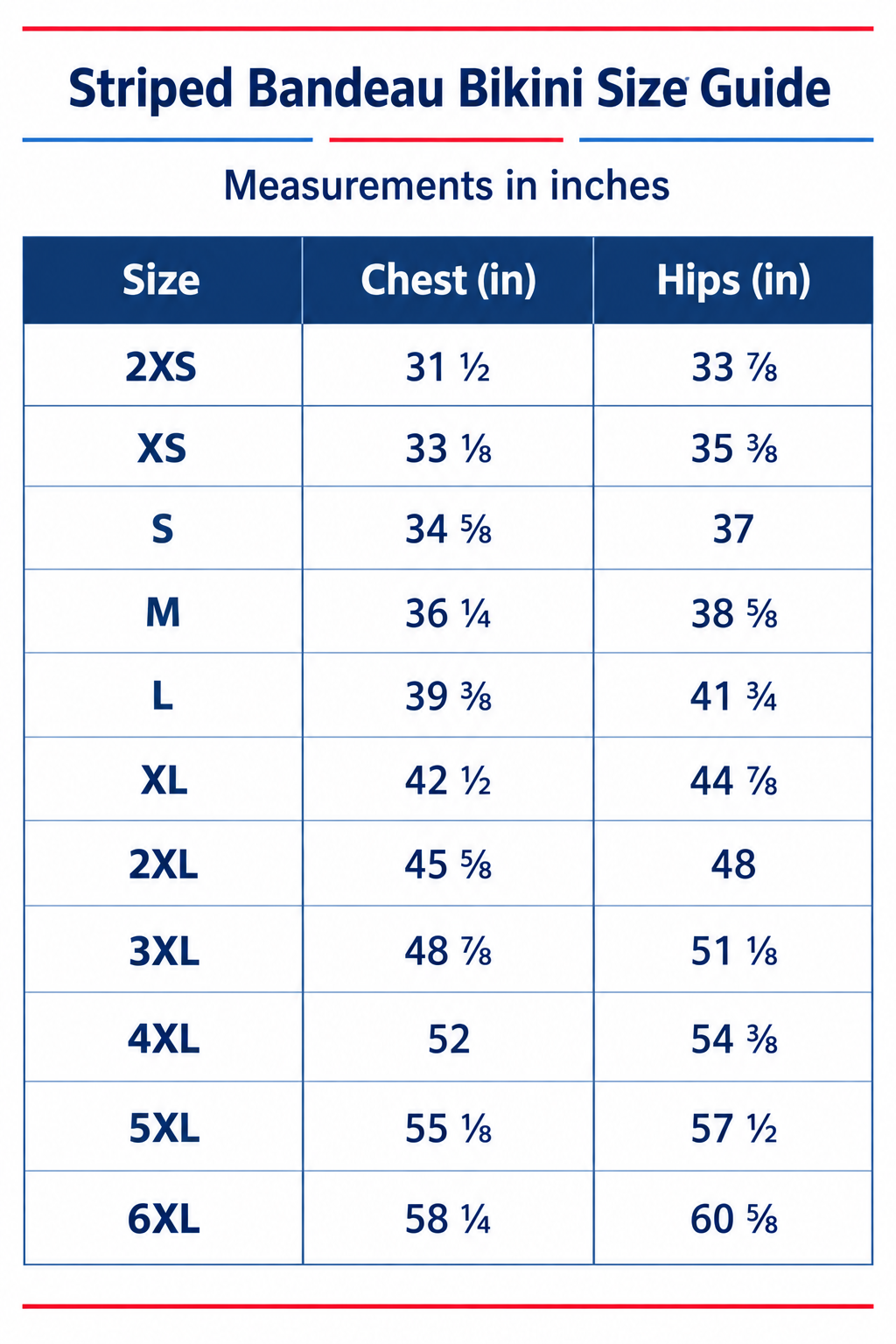 Printed bikini size guide chart with chest and hip measurements in inches