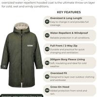 Olive changing robe with hood, front zip, long sleeves and cream fleece lining