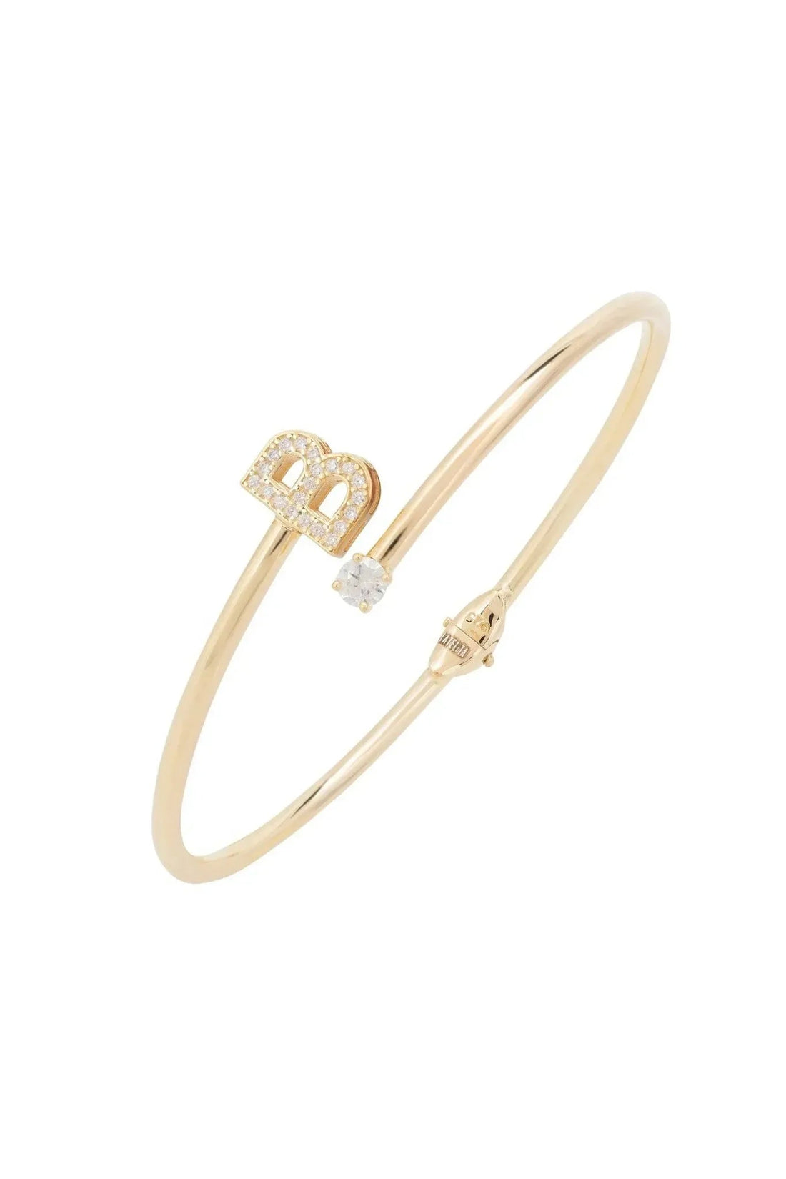 Gold B initial bangle bracelet with pavé details and small stone accent