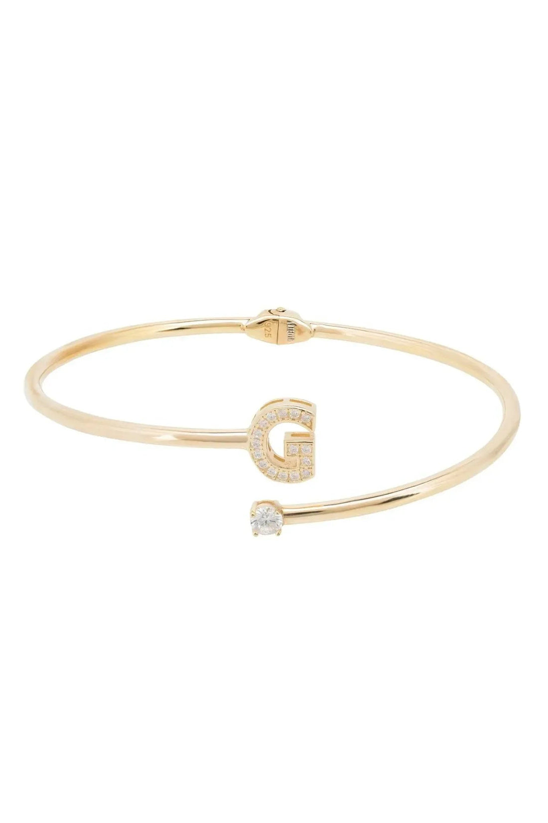 Gold bangle bracelet with square G charm and round stones