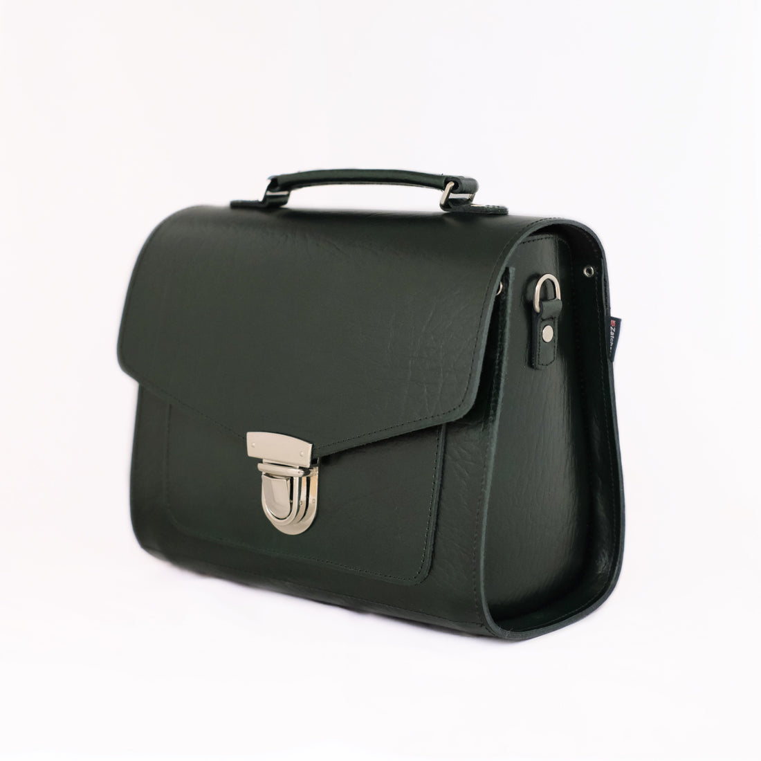 Dark green leather satchel with top handle, front flap and metal clasp