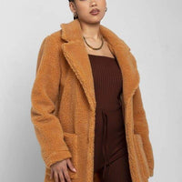 Oversized Teddy Coat with Lapels and Popper Fastening