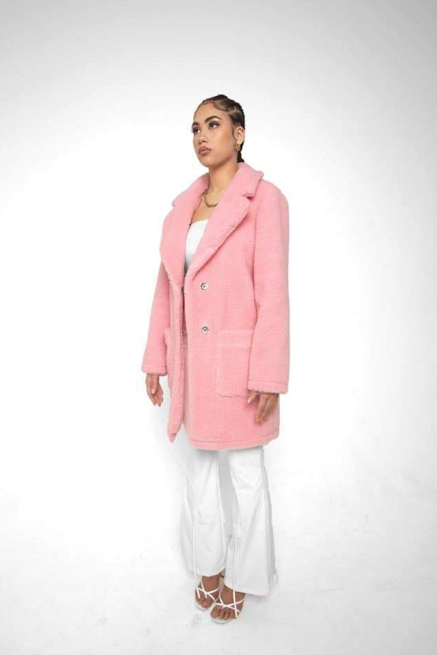 Oversized Teddy Coat with Lapels and Popper Fastening