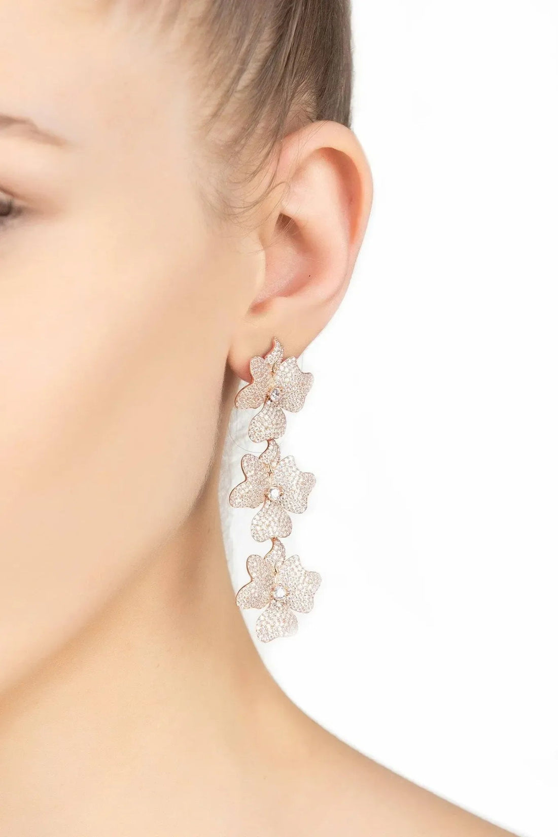 Jasmine Flower Triple Drop Earrings Gold-2