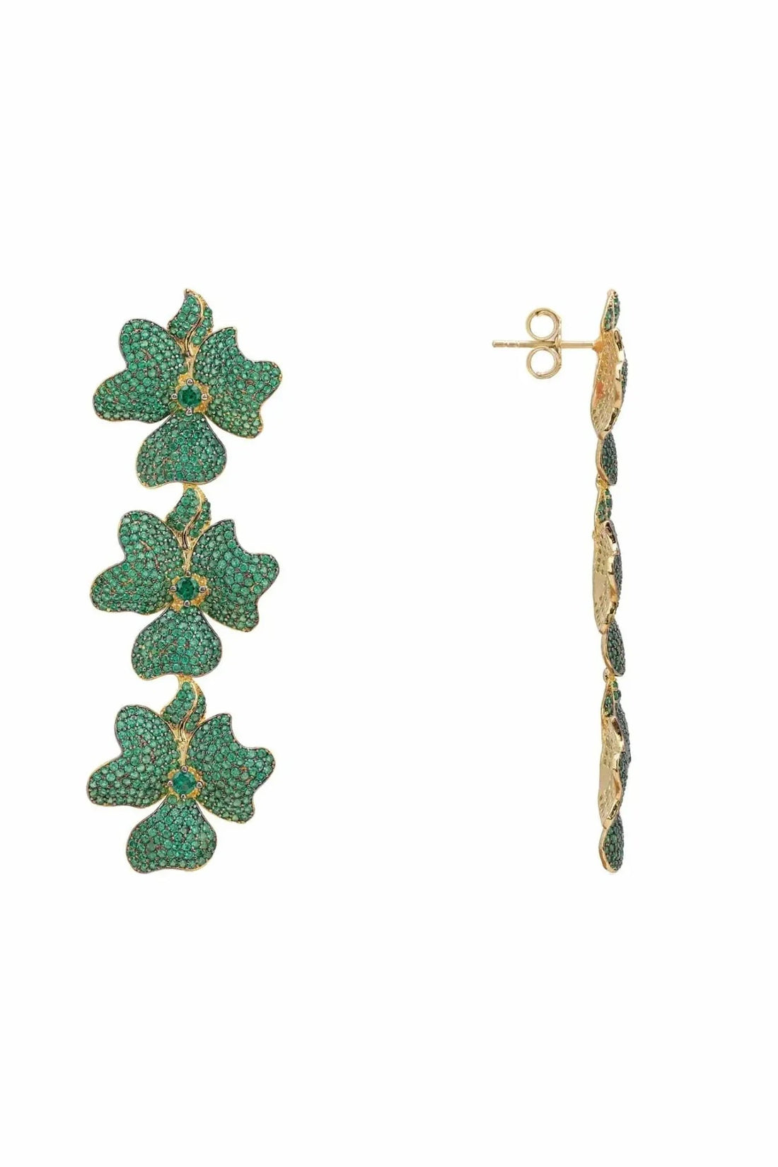 Triple drop flower earrings, green enamel, gold-tone stud backs and posts