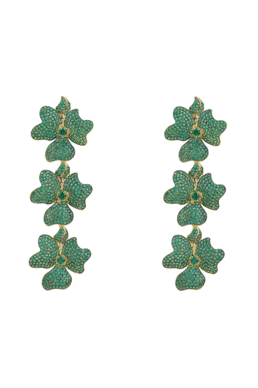 Triple drop flower earrings, green enamel with gold-tone accents, stud and drops