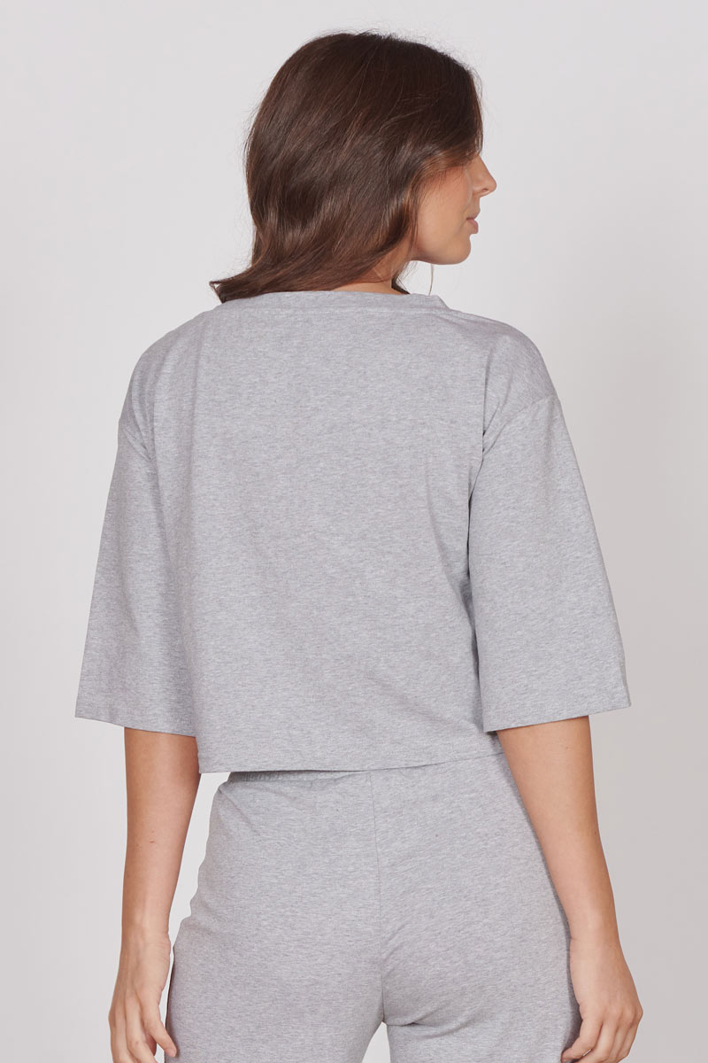 Grey marl lounge top back view, cropped boxy cut with elbow sleeves