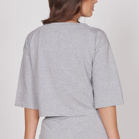 Grey marl lounge top back view, cropped boxy cut with elbow sleeves