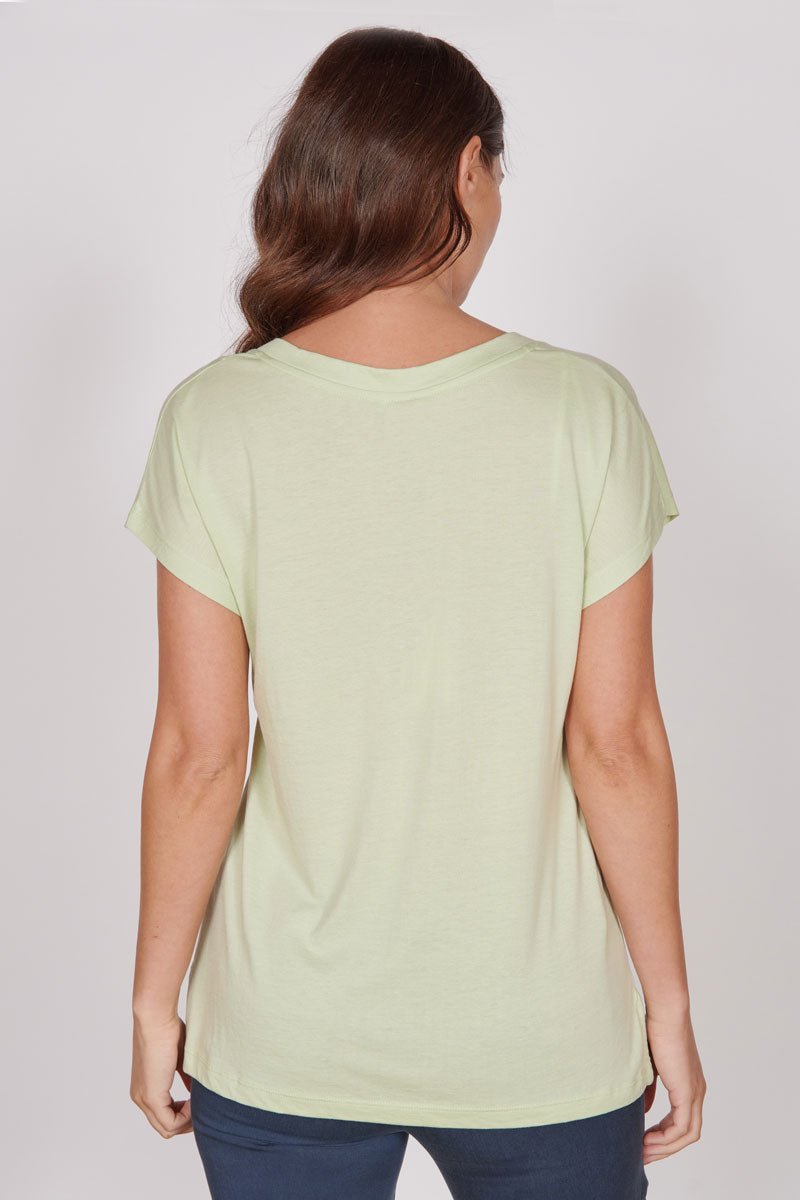Back view of light green sleeveless V-neck cotton-modal blend top, short sleeves