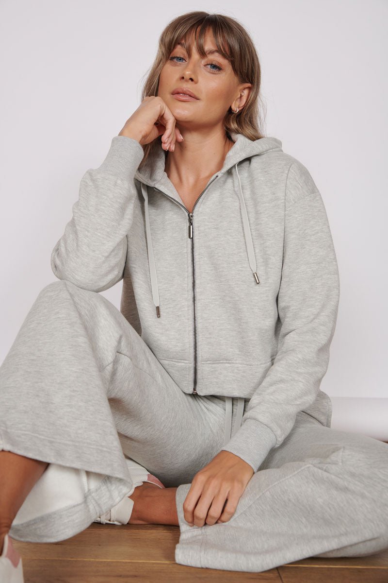 Rosa Light Grey Zip Through Cropped Hoodie-0