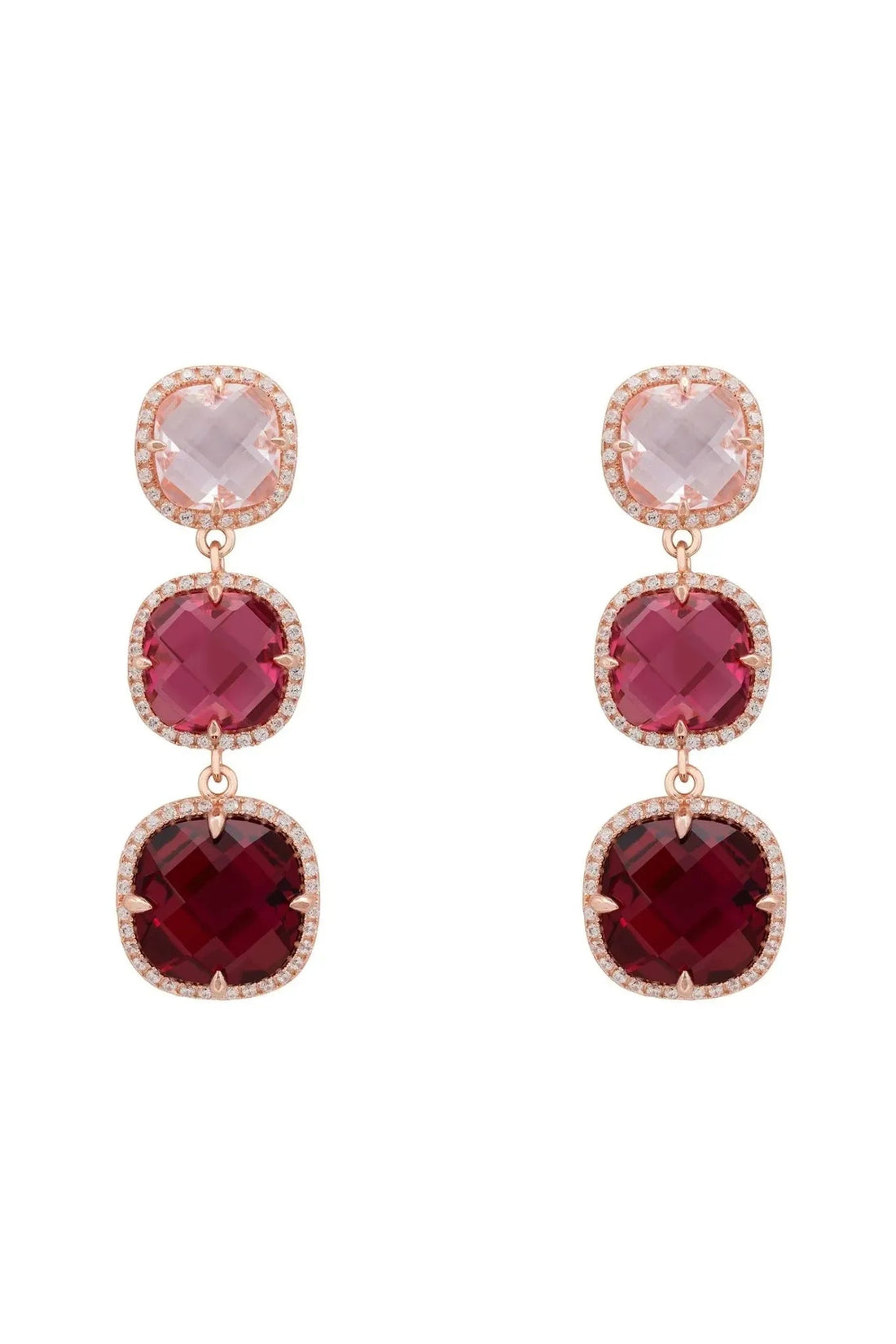 Rose gold drop earrings with three pink and burgundy faceted gemstone tiers
