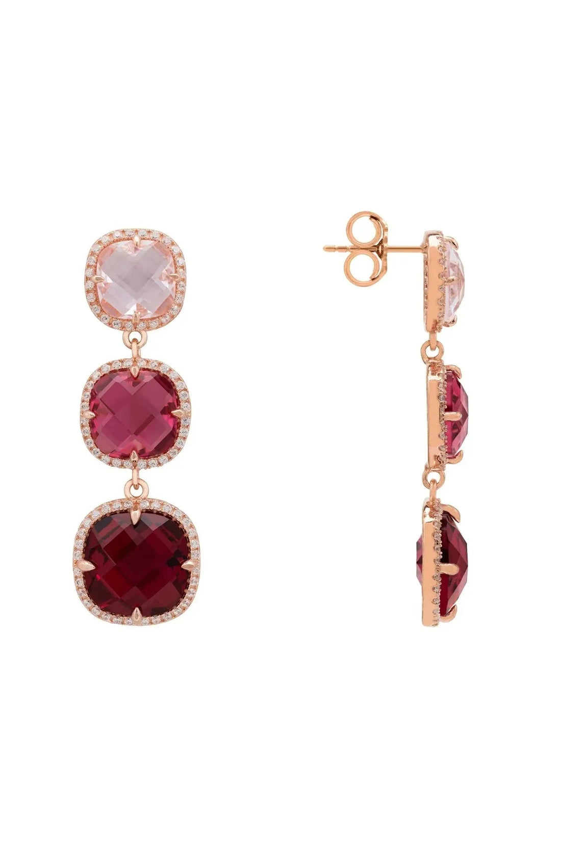 Rose gold tiered drop earrings with faceted pink and burgundy stones, side view