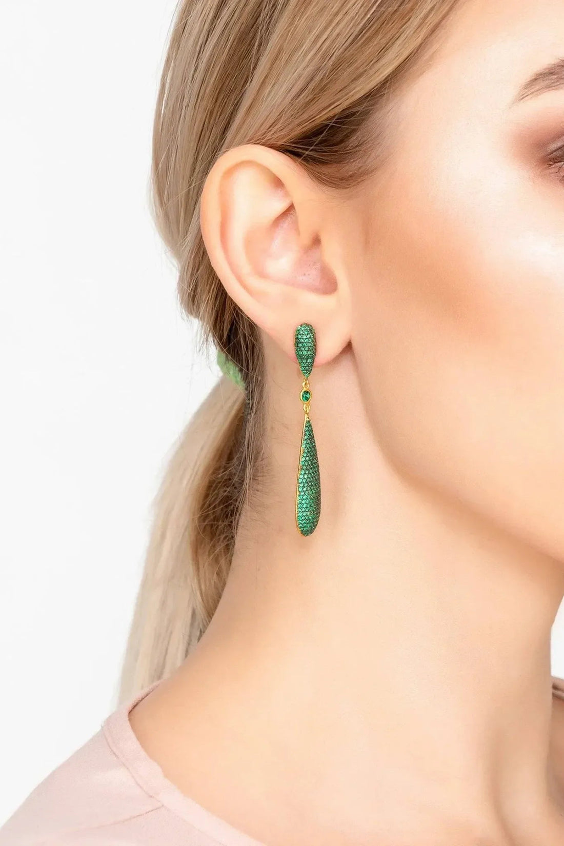 Latelita Long Drop Earrings Emerald Green Cz-1